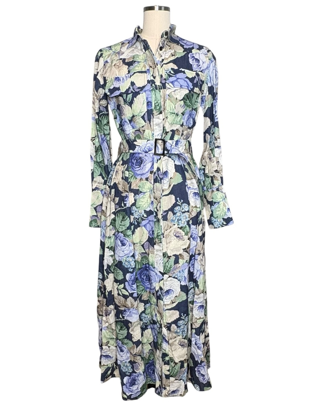 Erika Cavallini Blue Floral Linen Long Sleeve Shirt Dress | 6